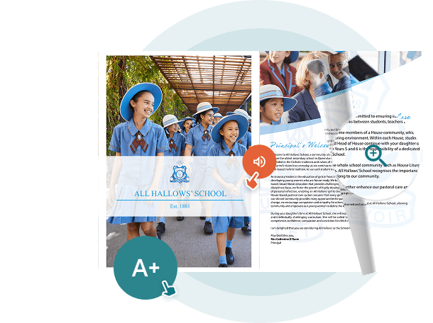 Digital school brochure with audio and accessibility icons — showing how Paperturn helps schools and nonprofits create accessible, interactive publications that meet standards and track engagement. Digital school brochure with audio and accessibility icons — showing how Paperturn helps schools and nonprofits create accessible, interactive publications that meet standards and track engagement.