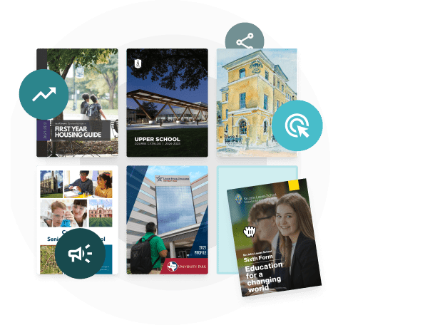 Grid of school and nonprofit brochures with update and share icons — showing how static PDFs create accessibility issues, outdated content, and extra costs compared to Paperturn’s dynamic publications. Grid of school and nonprofit brochures with update and share icons — showing how static PDFs create accessibility issues, outdated content, and extra costs compared to Paperturn’s dynamic publications.