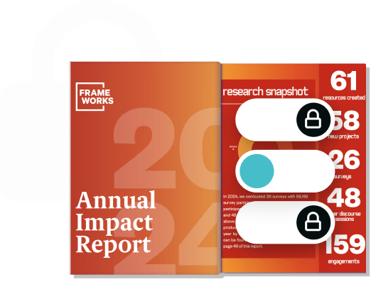 Open booklet displaying an Annual Impact Report with orange gradient cover. The inside spread shows 