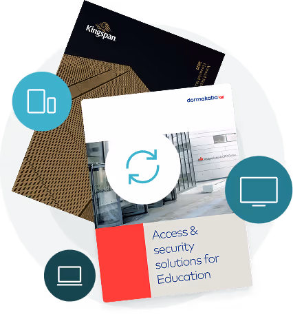 Pile de brochures professionnelles avec des icônes de synchronisation et d’appareil — montrant comment Paperturn permet aux cabinets de mettre à jour Pile de brochures professionnelles avec des icônes de synchronisation et d’appareil — montrant comment Paperturn permet aux cabinets de mettre à jour