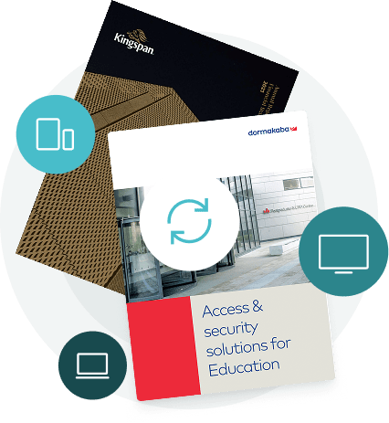 Stack of professional brochures with sync and device icons — showing how Paperturn lets firms update