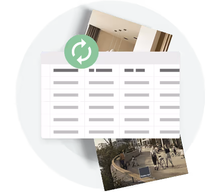 Document de type tableur avec une icône de synchronisation — montrant comment Paperturn permet aux cabinets de mettre à jour des rapports, des proposa Document de type tableur avec une icône de synchronisation — montrant comment Paperturn permet aux cabinets de mettre à jour des rapports, des proposa