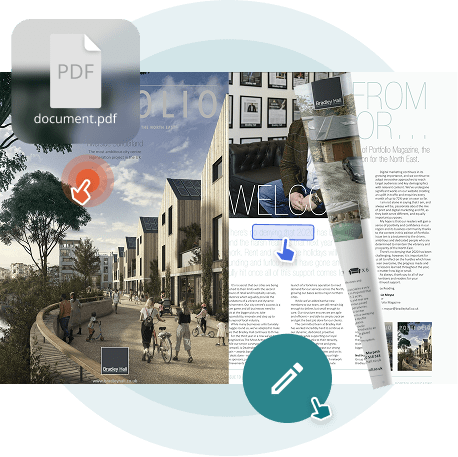 Open flipbook with pencil and pointer icons, symbolizing collaborative team editing and approvals in Paperturn Open flipbook with pencil and pointer icons, symbolizing collaborative team editing and approvals in Paperturn