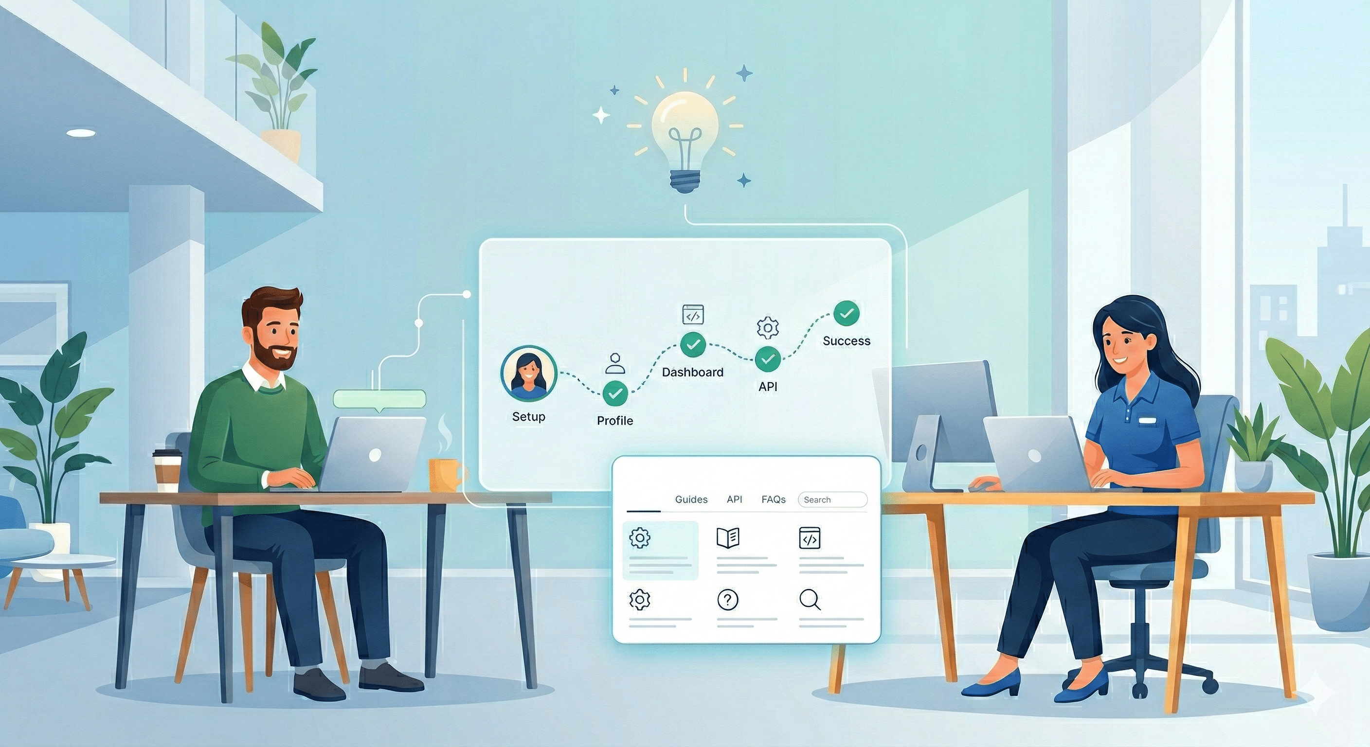 Geminis svar Semi-flat vector of a customer and support specialist at desks with a central UI overla