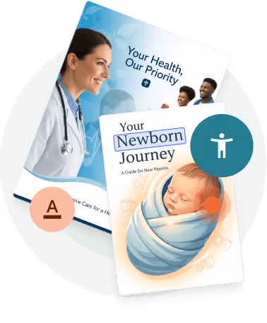 Brochures d’éducation des patients avec des icônes d’accessibilité — montrant comment Paperturn aide les prestataires de santé