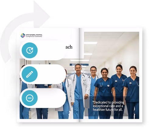 Brochure d’hôpital numérique avec des icônes de modification et de synchronisation — montrant comment Paperturn permet aux équipes de santé de mettre à jour