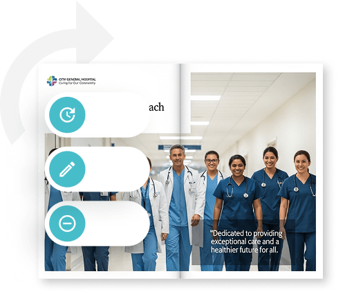 Digital hospital brochure with edit and sync icons — showing how Paperturn lets healthcare teams upd