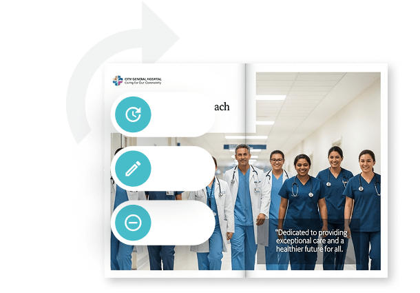 Digital hospital brochure with edit and sync icons — showing how Paperturn lets healthcare teams update protocols, schedules, and multilingual content instantly across all clinics and departments.