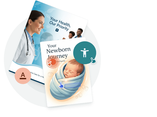 Patient education brochures with accessibility icons — showing how Paperturn helps healthcare providers use built-in accessibility features to ensure all patients can easily read and interact with medical conte