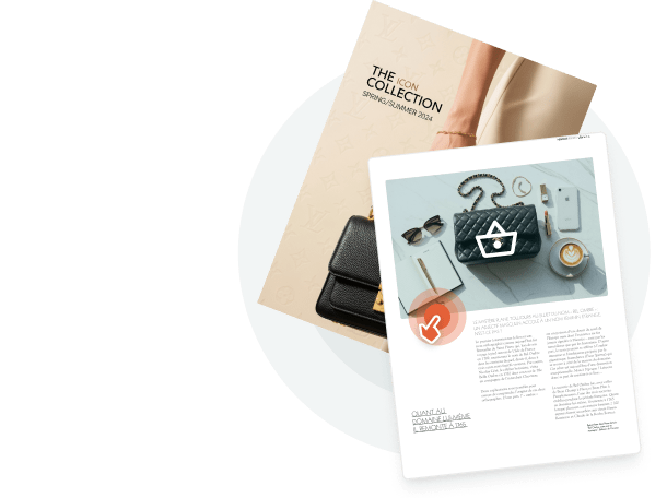 Digital wholesale catalog with interactive shopping icons — showing how Paperturn helps wholesale brands create shoppable catalogs that update instantly and keep the same live link across all sales channels.