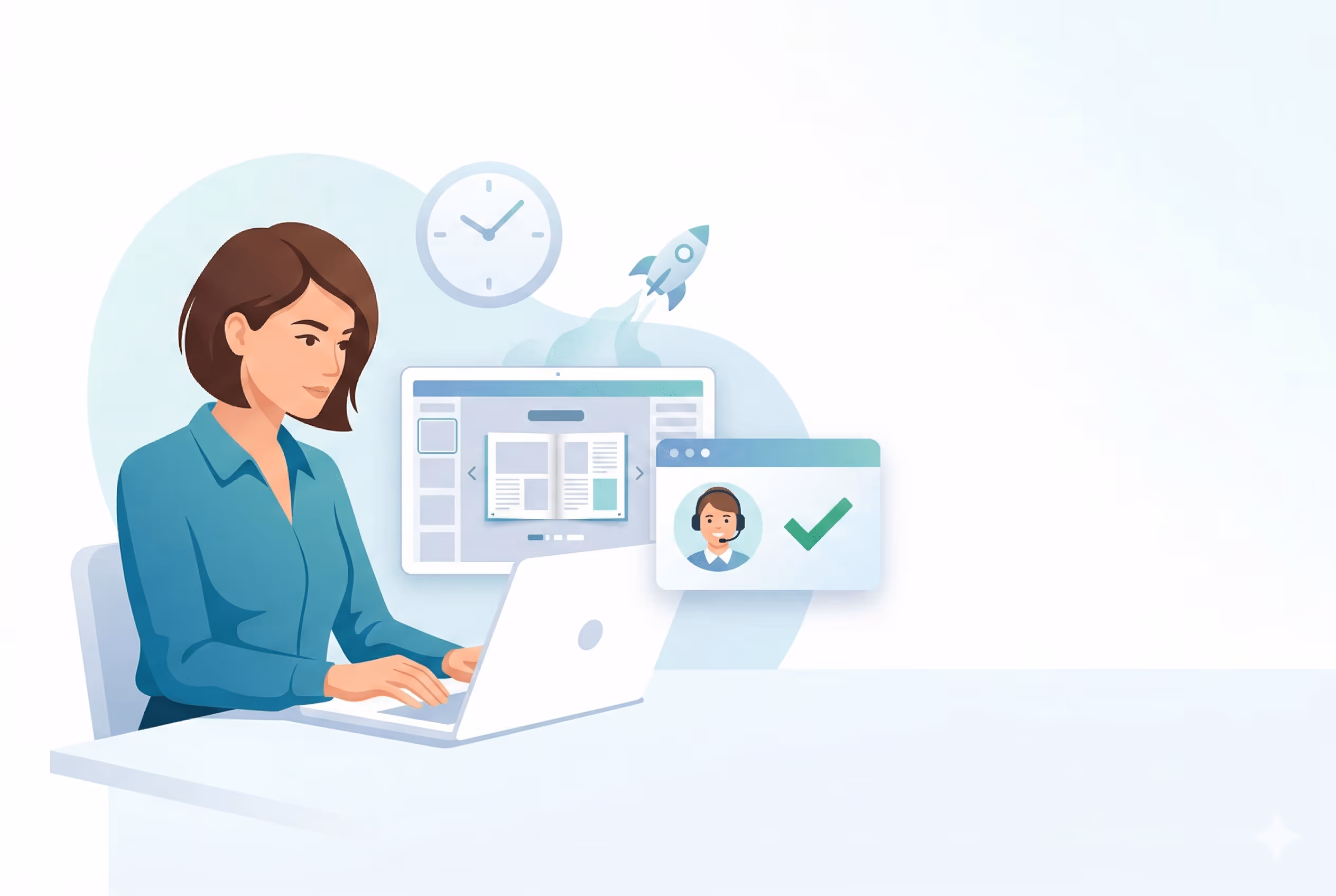 Gemini said A modern vector illustration of a woman sitting at a white desk and typing on a laptop