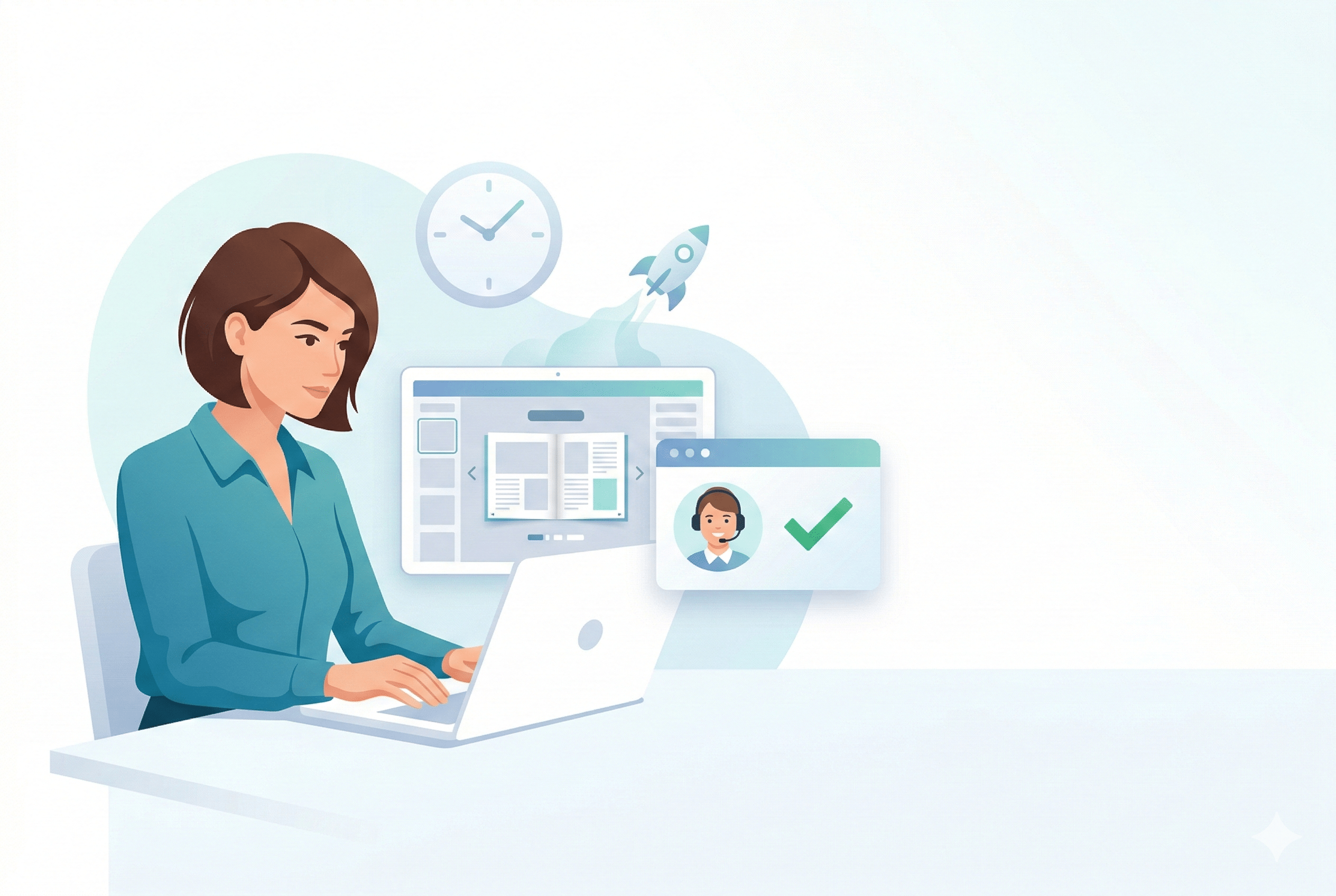 Gemini said A modern vector illustration of a woman sitting at a white desk and typing on a laptop, 