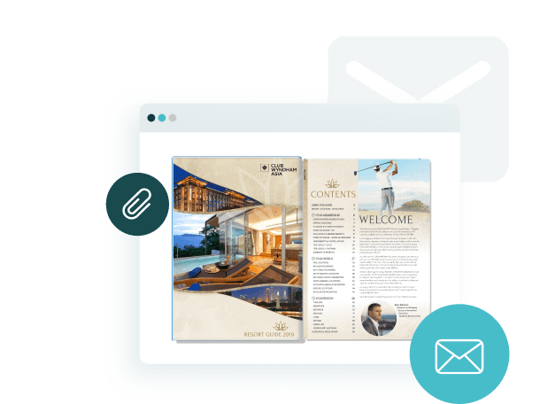 Digital resort guide with email and attachment icons — showing how Paperturn helps hotels and resorts share branded digital guides across websites, emails, and in-room QR codes.