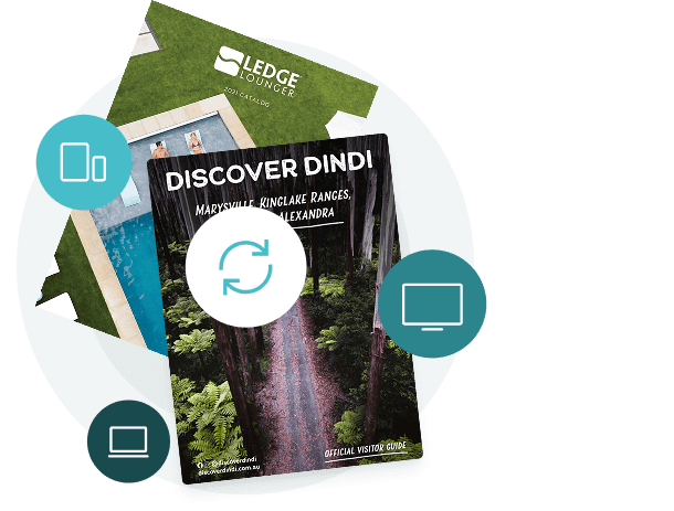 Digital travel guide with sync icons — showing how Paperturn helps hospitality brands update seasonal brochures instantly while keeping the same live link and QR codes across all platforms.