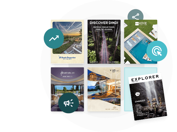 Grid of digital travel brochures with interactive icons — showing how Paperturn helps hospitality brands create immersive, updateable guides with videos, tours, and real-time engagement tracking.