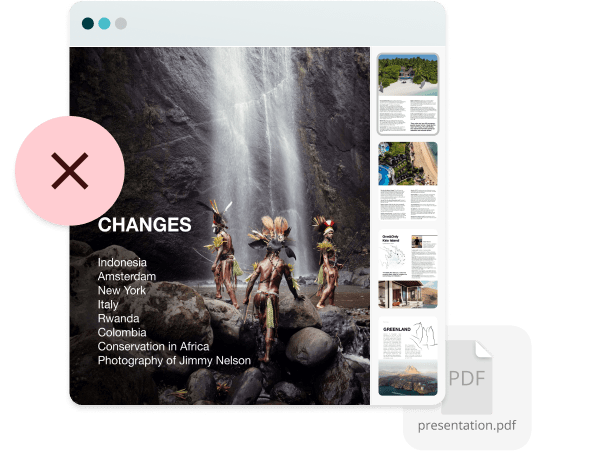 Static travel PDF with a red X — showing how outdated brochures limit engagement, break links, and fail to inspire travelers compared to Paperturn’s dynamic digital publications.