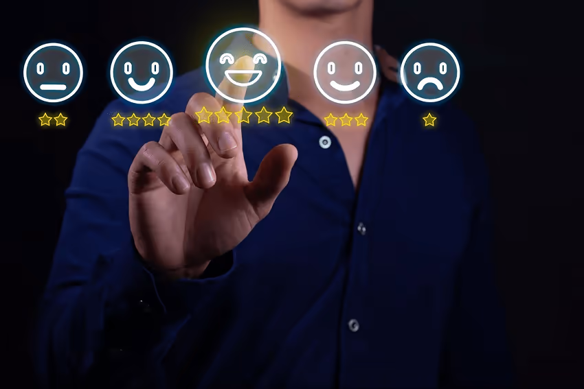 Customer satisfaction rating with a person clicking on a five star emoji. Customer satisfaction rating with a person clicking on a five star emoji.