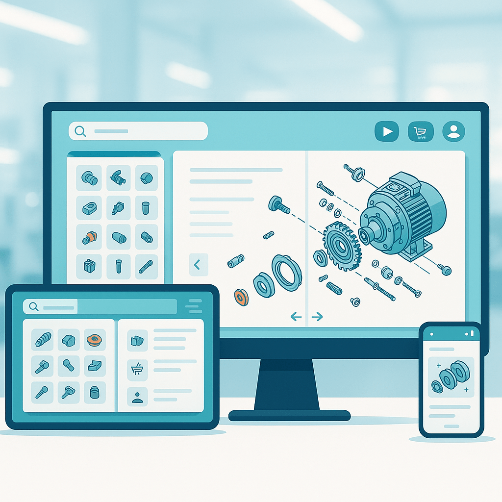 Tablet screen showing an interactive parts catalog with exploded diagrams, 3D rotation icon, and how