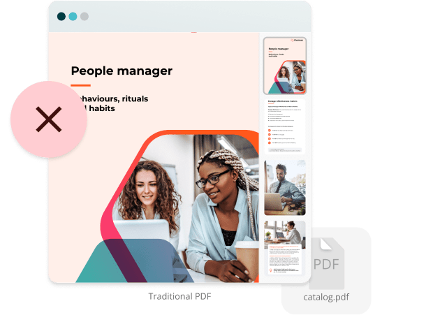 Traditional static PDF document marked with a red X — illustrating how outdated PDFs make it difficu Traditional static PDF document marked with a red X — illustrating how outdated PDFs make it difficu