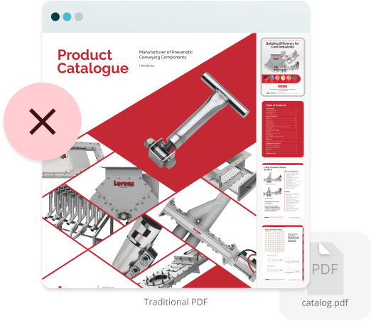 Static industrial product catalog with a broken link icon — illustrating how Paperturn helps manufac