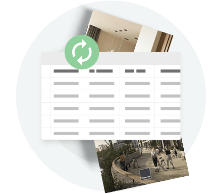 Digital spreadsheet with sync icon — showing how Paperturn helps manufacturers share direct links to