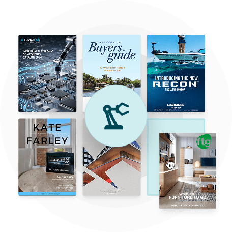 Grid of digital product catalogs with a machinery icon — showing how Paperturn helps manufacturers update specs instantly, keep links live, and manage B2B catalogs with real-time tracking. Grid of digital product catalogs with a machinery icon — showing how Paperturn helps manufacturers update specs instantly, keep links live, and manage B2B catalogs with real-time tracking.