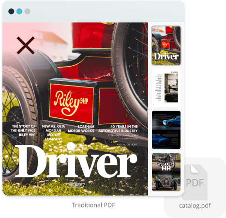 Example of a traditional static PDF catalog shown with a large red X, illustrating how standard PDFs