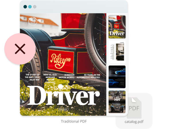 Example of a traditional static PDF catalog shown with a large red X, illustrating how standard PDFs Example of a traditional static PDF catalog shown with a large red X, illustrating how standard PDFs
