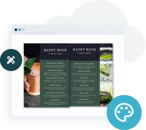 Redigerbart cocktailmenulayout til bar med happy hour-drikkevarer og elegant typografi Redigerbart cocktailmenulayout til bar med happy hour-drikkevarer og elegant typografi