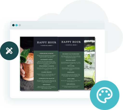 Editable bar cocktail menu layout featuring happy hour drinks and elegant typography Editable bar cocktail menu layout featuring happy hour drinks and elegant typography