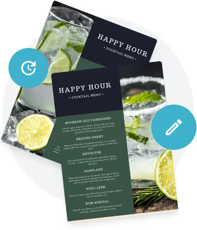 Happy hour-cocktailmenudesign med billeder af margaritaer og moderne mørkegrønt layout Happy hour-cocktailmenudesign med billeder af margaritaer og moderne mørkegrønt layout