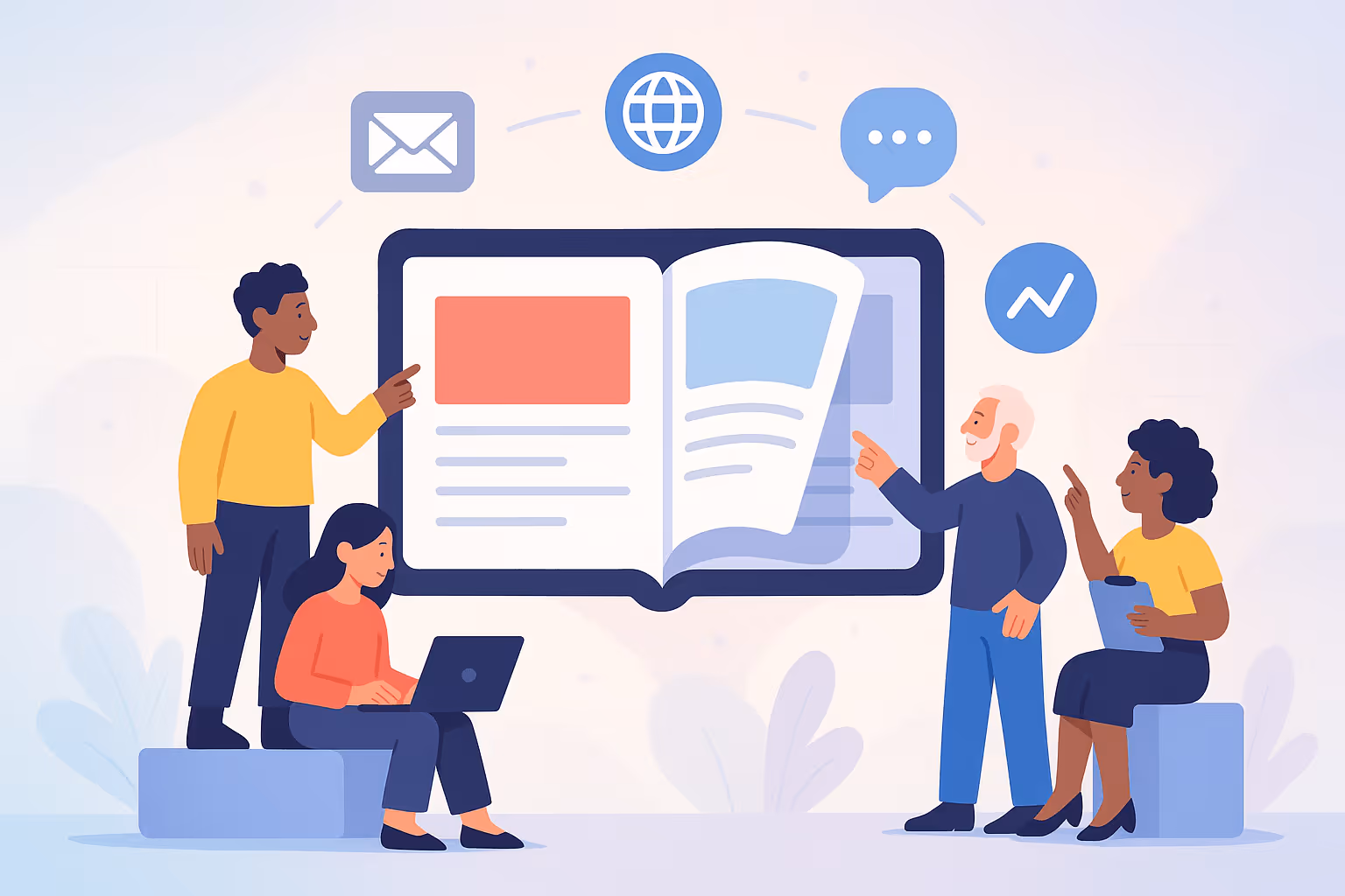 Diverse marketing team interacting with a large digital flipbook on a screen, discussing online content and communication icons, representing modern flipbook software trends for marketers in 2026.