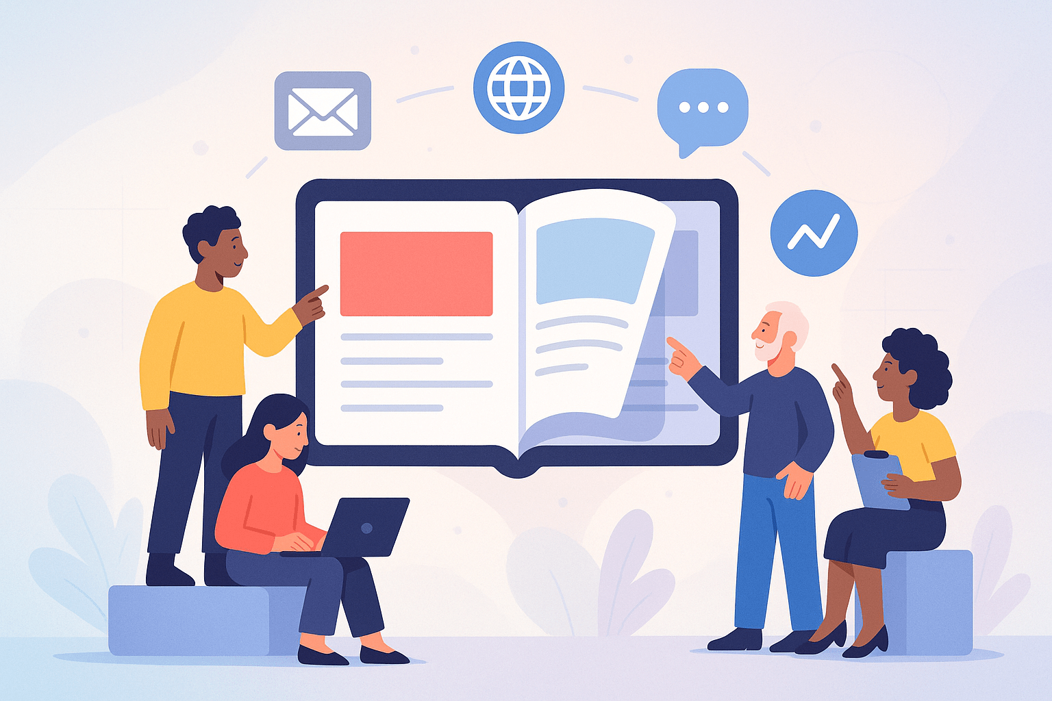 Diverse marketing team interacting with a large digital flipbook on a screen, discussing online content and communication icons, representing modern flipbook software trends for marketers in 2026.