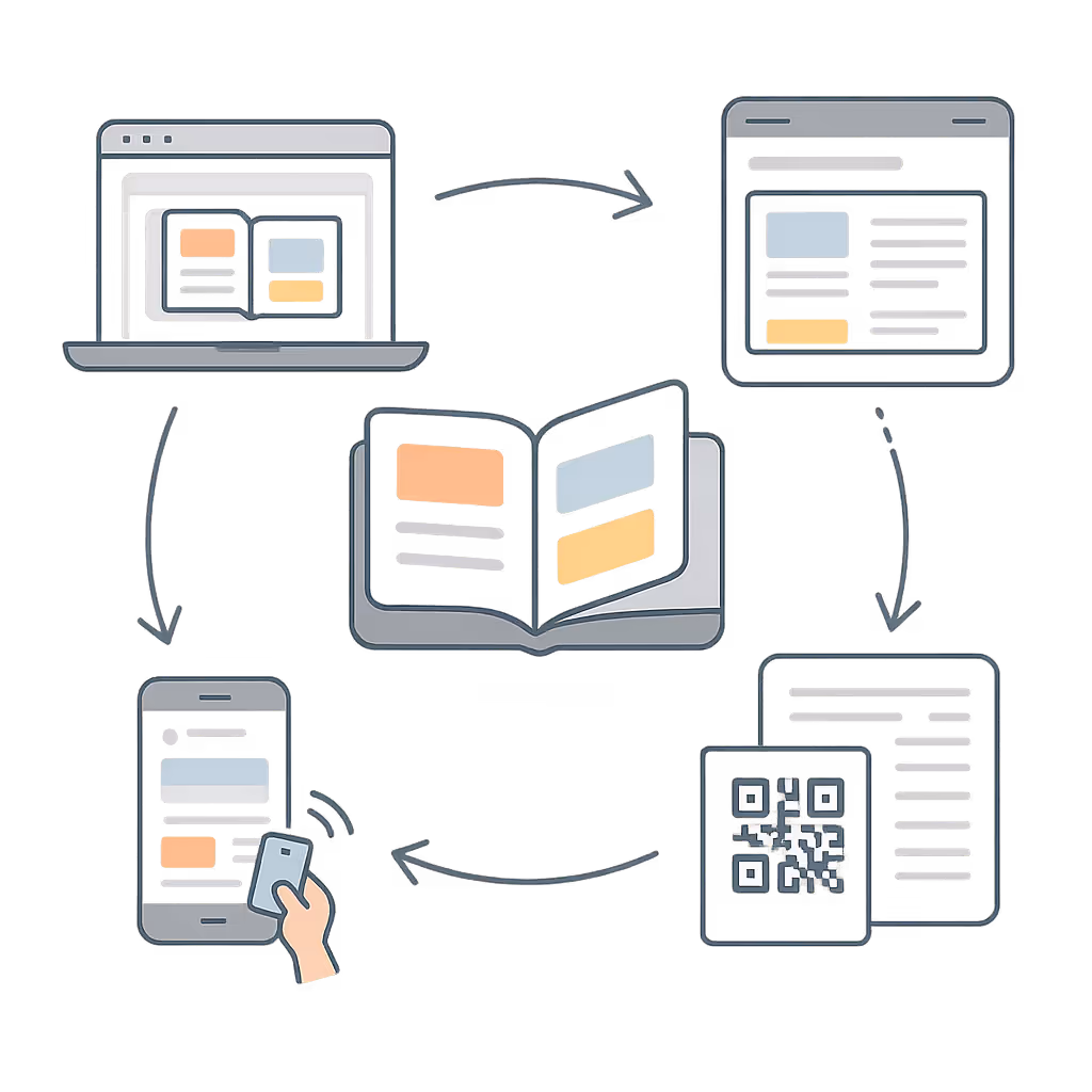 Illustration of a digital flipbook connected between laptop, smartphone, QR code, and web pages, showing a seamless multi‑device content workflow for flipbook marketing in 2026.