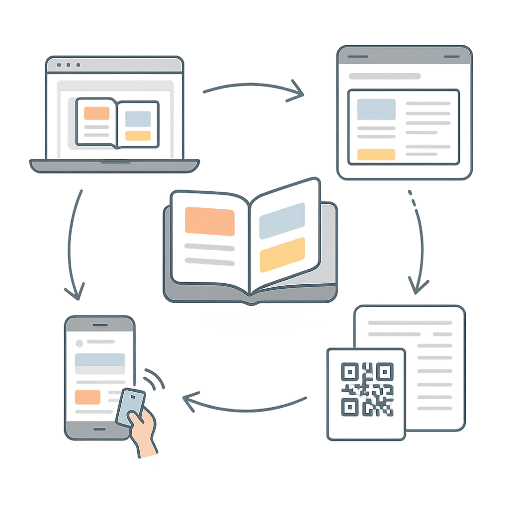 Illustration of a digital flipbook connected between laptop, smartphone, QR code, and web pages, showing a seamless multi‑device content workflow for flipbook marketing in 2026.