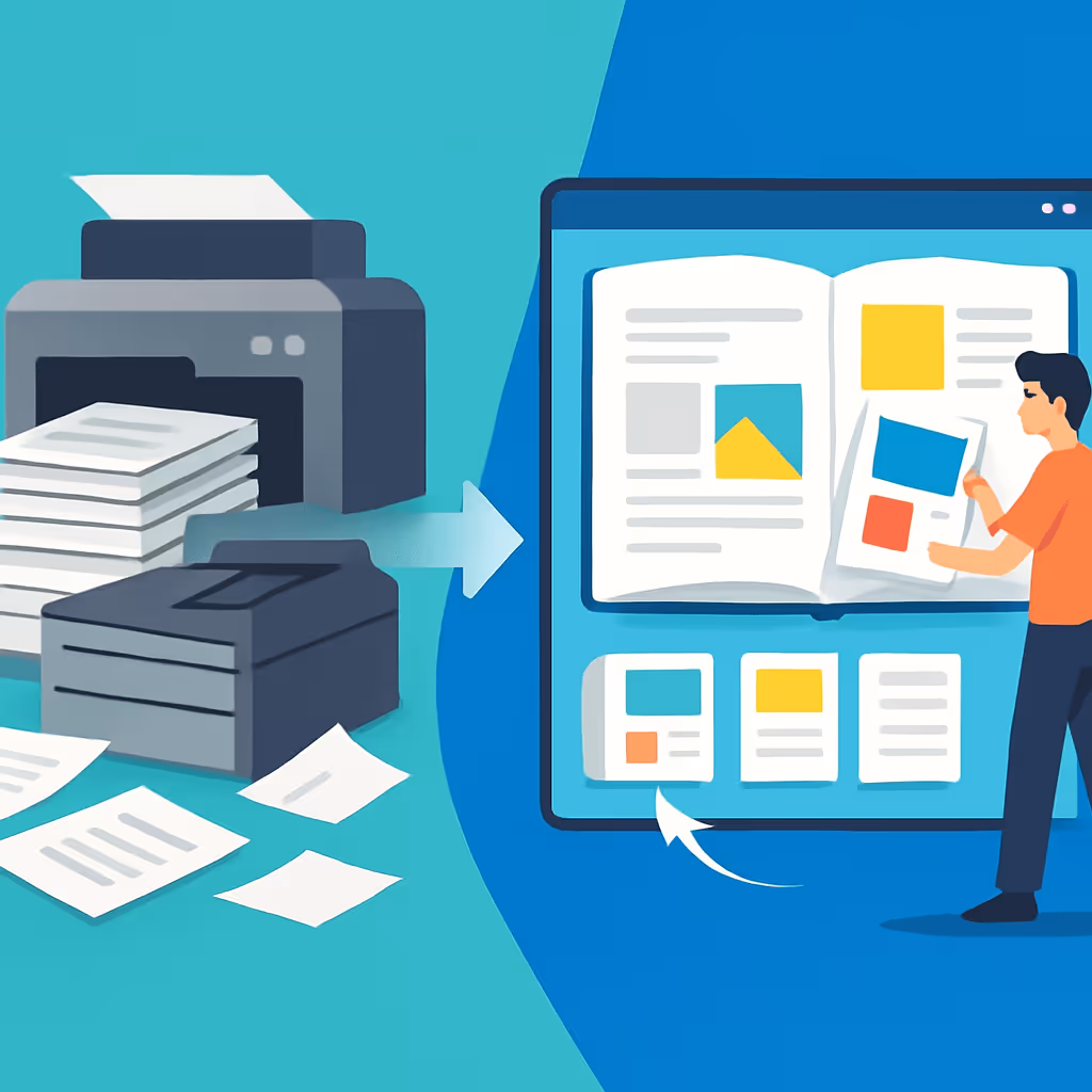 Graphic of a printer outputting paper pages that transform into an interactive digital flipbook on a tablet screen, symbolizing how marketers upgrade from print to online flipbook software in 2026.