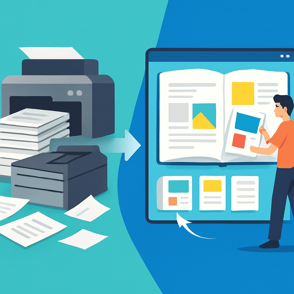 Graphic of a printer outputting paper pages that transform into an interactive digital flipbook on a tablet screen, symbolizing how marketers upgrade from print to online flipbook software in 2026.
