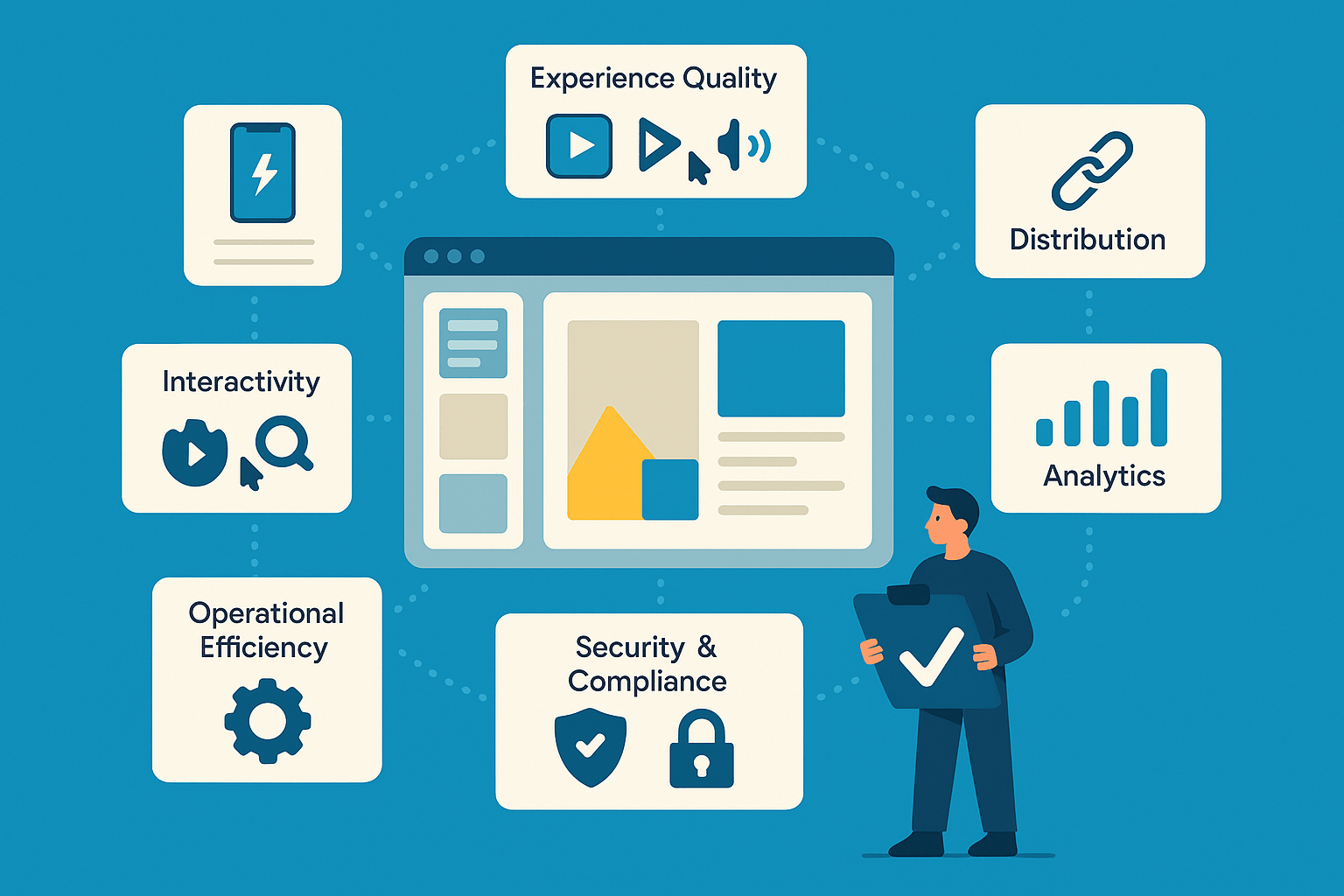  Illustration of a marketer holding a tablet while documents, checklists, arrows, and a digital flipbook interface show a step‑by‑step preparation workflow for creating optimized flipbook campaigns.