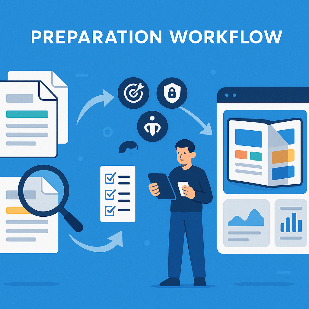 Marketer working on a large screen with an open digital flipbook and glowing AI icons around it, representing artificial intelligence driving smart design and personalised flipbook experiences in 2026.