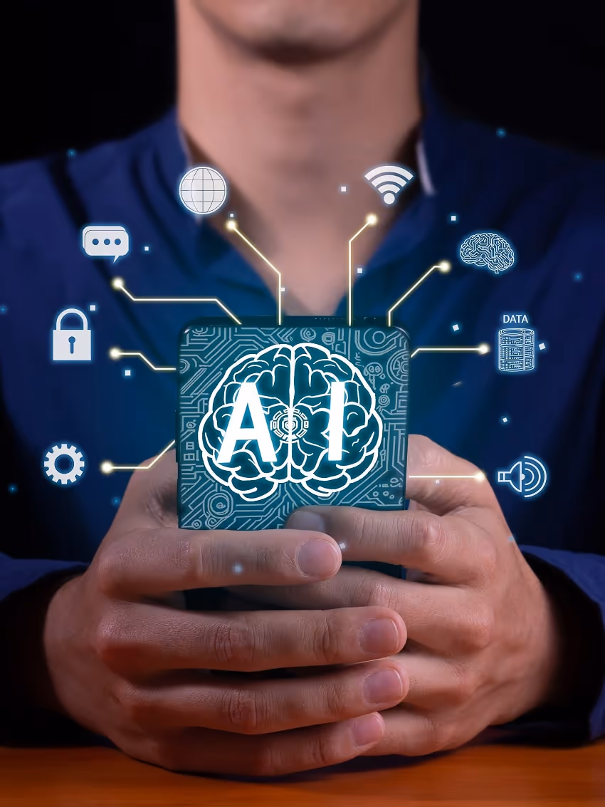 Close-up photo of a hand holding a smartphone displaying management icons Close-up photo of a hand holding a smartphone displaying management icons