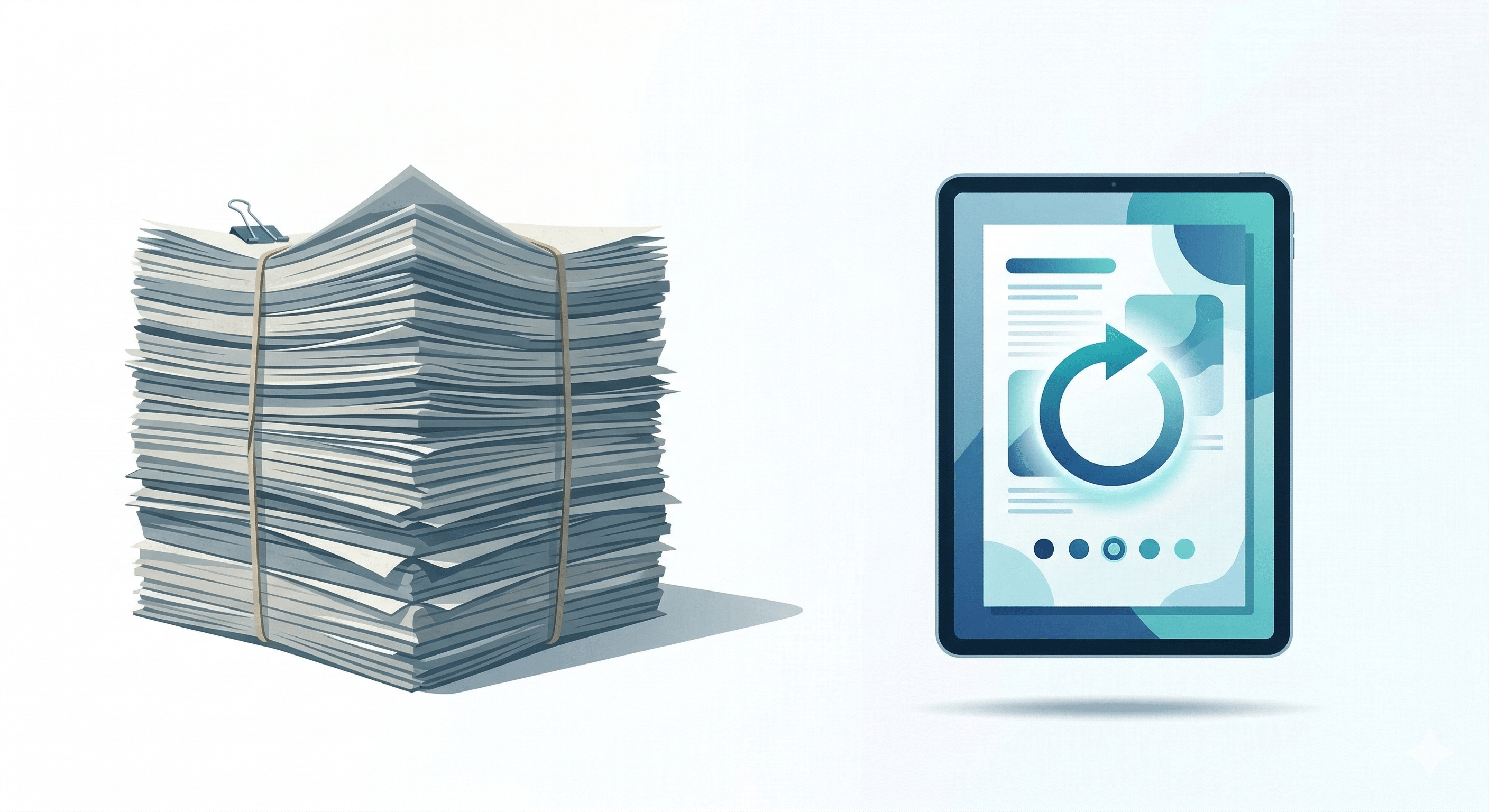 Minimalist illustration contrasting a heavy stack of physical paper documents on the left with a sleek digital tablet displaying a refresh icon on the right.