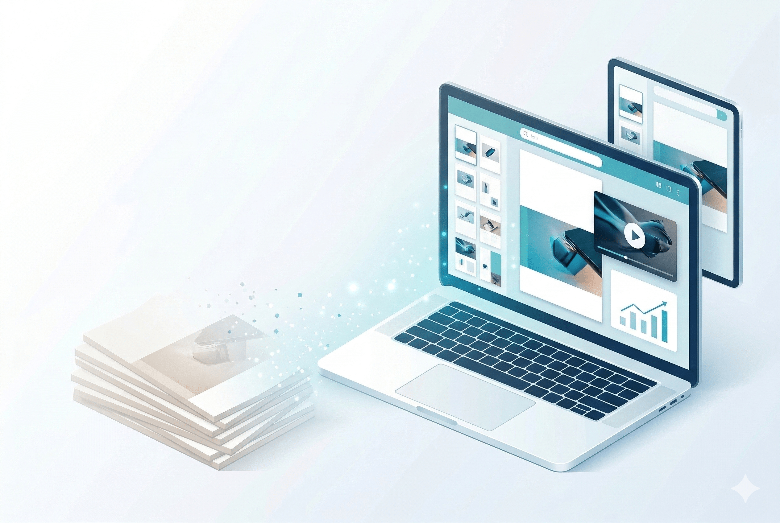 Laptop displaying a digital publishing dashboard as printed pages transform into on-screen content.