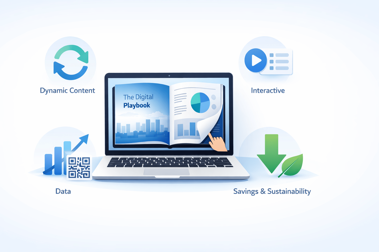 Wide banner illustration of a laptop flipbook with four icons for updates, interactivity, analytics/QR, and savings/sustainability on a clean blue-white background.