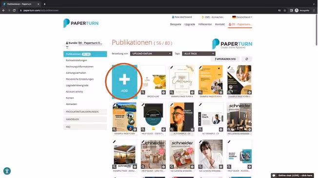So sieht das Dashboard bei Paperturn aus, wenn man eingeloggt ist. So sieht das Dashboard bei Paperturn aus, wenn man eingeloggt ist.