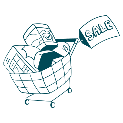 Illustration of a shopping cart filled with products and a sale tag representing eCommerce merchandi Illustration of a shopping cart filled with products and a sale tag representing eCommerce merchandi