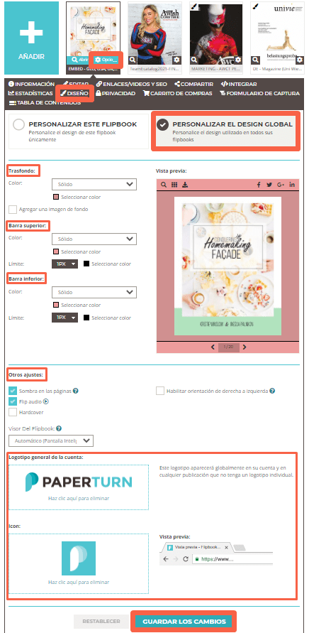 Personaliza tu flipbook - Personalizar el design global