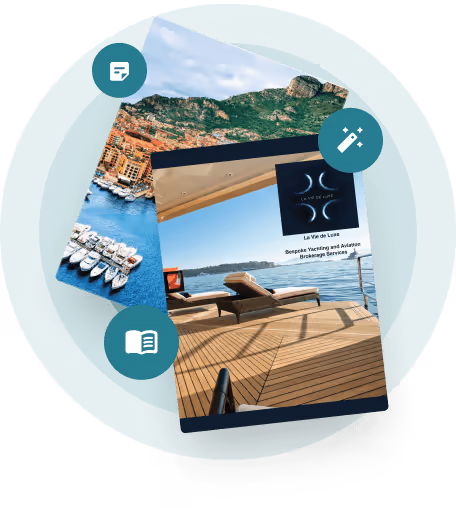 Luxury travel portfolio displayed as interactive digital magazine with yacht and coastal photography Luxury travel portfolio displayed as interactive digital magazine with yacht and coastal photography