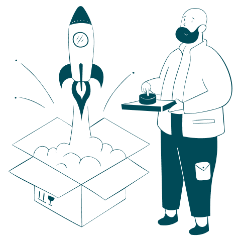 Illustration of a person launching a rocket from a box symbolizing product technical writing, docume Illustration of a person launching a rocket from a box symbolizing product technical writing, docume