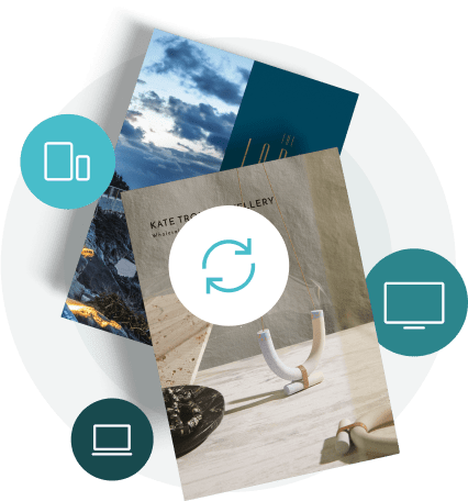 Stack of digital wholesale catalogs with sync and device icons — showing how Paperturn updates catal
