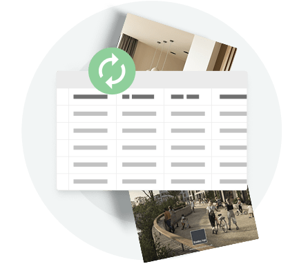 Product table with a green sync icon and catalog images — showing how Paperturn lets wholesale brand